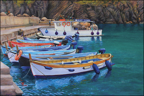 Boats in the Vernazza Harbor - oil on cradled board  by artist Sandra Bryant