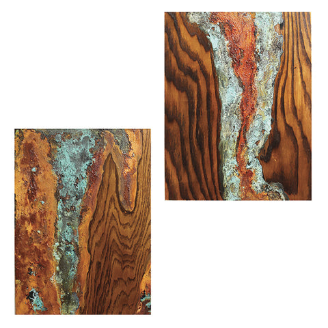 Into the Woods Cascade (L) Crevasse (R) - Iron and Bronze Paint and Patinas on Oak  by artist Jennifer Carwile