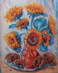 A dozen sunflowers in an orange vase - Oil on canvas   by artist Alex Klas 