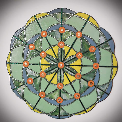 Lotus Blossom's Secret: A Geometric Study of the Seed of Life - Mosaic with Copper and Crystals  by artist Shelley Beaumont