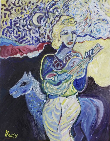 She Plays for Her Horse Marley and the Moon - Oil on Canvas  by artist Eric Henty