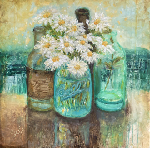 Liesel Lund - "Daisies with Vintage Bottles"