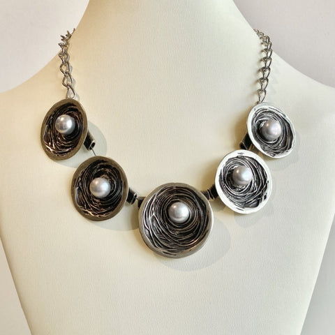 Necklace #04 - Flowers - White Bronze, Pearl and Steel Chain Jewelry by artist Komala Rohde