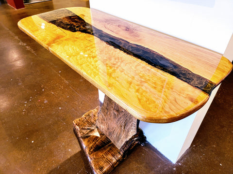 Quilted Maple/Resin Entry Table - Quilted Maple, Resin, Maple Burl Base Artistic Furniture by artist Kirk Allan