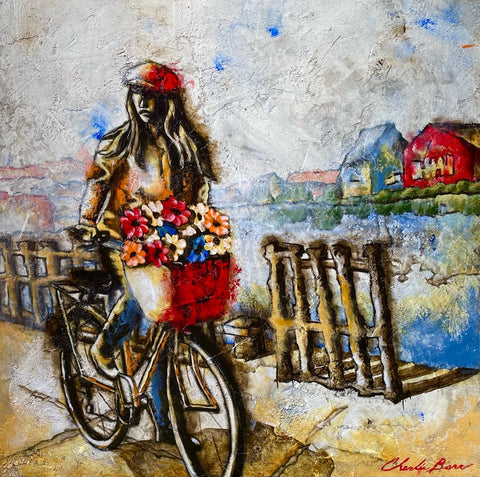 Leaving the Market at the River Port - Acrylic on cement Paintings by artist Charlie Barr