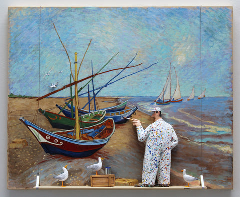 Fishing Boats on the Beach at Les Saints-Marie-de-la-Mer (Van Gogh) - Acrylic/Paper Mache' Paintings by artist Stephen Hansen