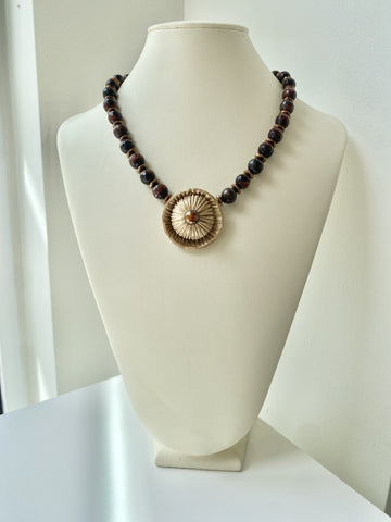 Necklace #41 - Flowers - Bronze, Pearl with Red Tiger Eye, and Hematit Jewelry by artist Komala Rohde