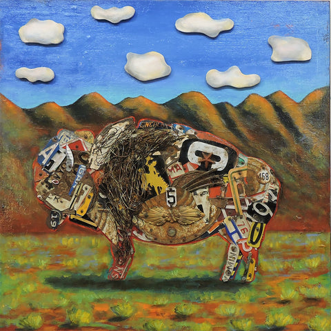 Metal Bison Series #9161 - Acrylic /Mixed Media Collage by artist Dave Newman