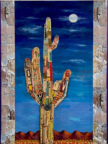 Moon Lit Saguaro - Acrylic /Mixed Media Collage by artist Dave Newman