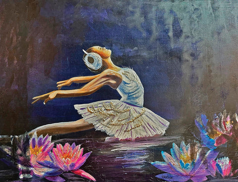 The dying swan - Oil Collage  by artist Juanita Threlkeld