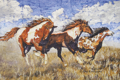 Wild Horses - Watercolor Batik, Mulberry Paper, Metallic Threads  by artist A. Debra Reich Schwalm
