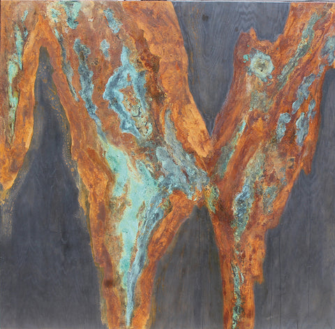 Phoenix Rising - Iron and Bronze Paint, Patinas, and Graphite on Oa  by artist Jennifer Carwile