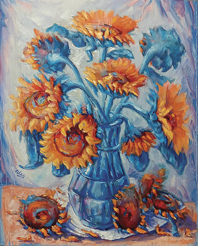 A dozen sunflowers in a blue vase - Oil on canvas   by artist Alex Klas 
