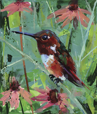 Coneflower Hummer - Acrylic on cigarbox  by artist Shannon Abbey