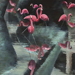 Lawn Flamingos in the Henry Moore Sculpture Pond - Oil on Panel  by artist Jessica Ziegler