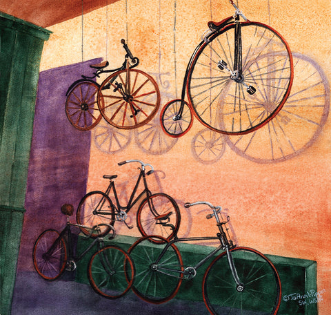 Bicycles Past - Watercolor  by artist JoAnn Pippin