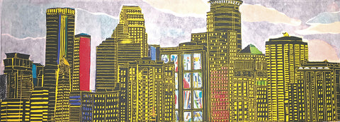 Cityscape Evening (My Minneapolis) - Original Handmade Woodcut Print  by artist Diane McLeod