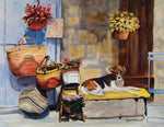 Market Dog - Watercolor with Mat & Frame  by artist April M Rimpo