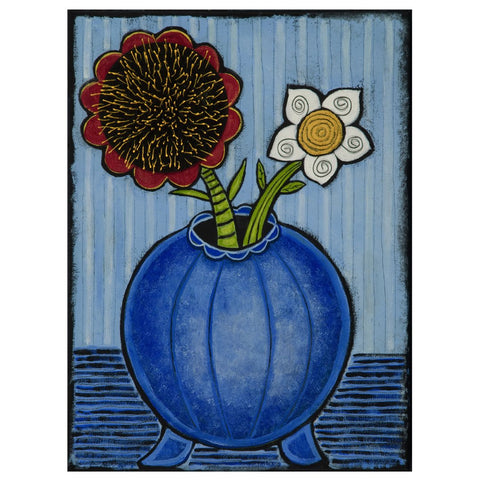 Joyce Wynes - "Floral: 2 Flowers in Blue Vase with 3D Stamens"