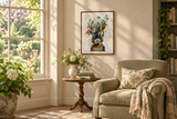 Bunny Eyes in a garden reading nook; framing illustrative and scale approximate