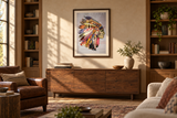 Native Chief in a ranch home library; framing illustrative and scale approximate