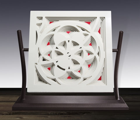 Rose Window in White & Red - Steel & Glass Sculpture by artist William Freer