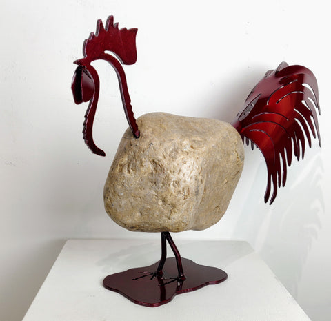 PAVARATTI | Red Rooster Special Color 4BY - Fieldstone and Iron Sculpture by artist Charles Adams and Thomas Widhalm