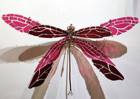 Damselfly #3 Cranberry Red/Pink - Fused Glass and Copper Sculpture by artist Mason Parker