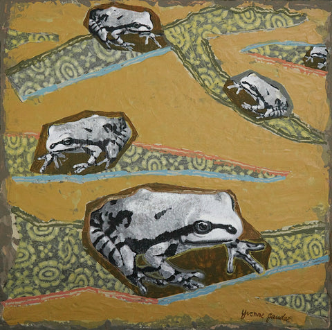 Frog Five - Mixed Media on Panel Collage by artist Yvonne Gaudet