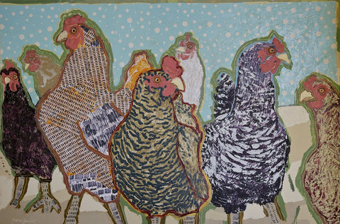 The Cluckers - Mixed Media on Panel Collage by artist Yvonne Gaudet