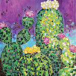Cactus Blooms - Carved Acrylic Painting on Wood  by artist Sharon Feldstein