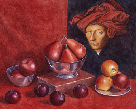Composition in Red, with A Man in a Turban by Van Eyck - watercolor  by artist Tim Schiffer