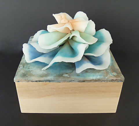 Ocean View Sinularia Dura (Blue / Green Full Color Cabbage Coral) - Encaustic pastel, ink and silk on birch base with clear acrylic case  by artist Elizabeth Hubler
